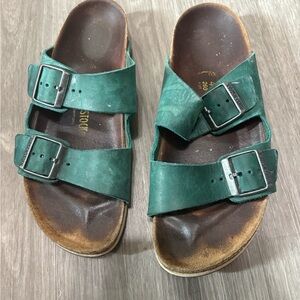 Birkenstock Forest Green Leather Slides